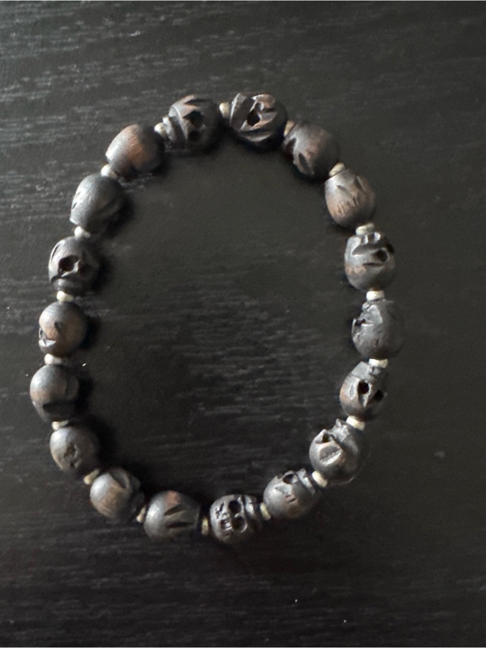 Black Wooden Skull Bead Bracelet